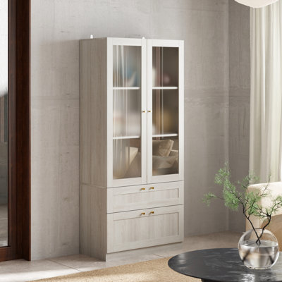 Elegant Glass Display Cabinet With Gold Handles And Storage Drawers