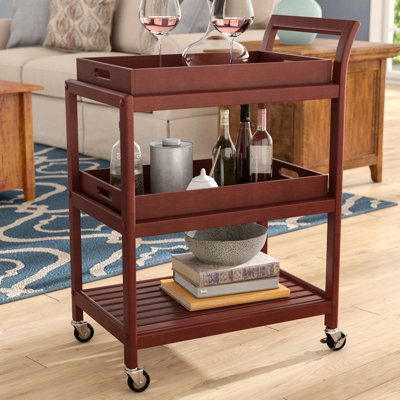 3 Tier Wooden Mobile Bar Cart With Lockable Wheels, Walnut by Hokku Designs