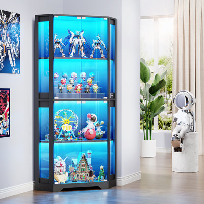 Corner Display Cabinet with Glass Doors, 65" Lighted Curio Display Case with 3 Color Lights for Collectibles, 4-Tier Bookcase with Human Body Sensor f by Wrought Studio