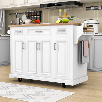 Rolling Kitchen Island Cart with Rubber Wood Drop Leaf, Storage Cabients and Soft Close Drawers
