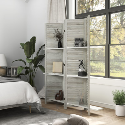 5 Panel 67" Tall Wood Room Divider, Privacy Screen With 3 Display Shelves, And Folding Storage For Bedroom Or Home Office