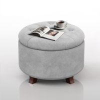 Upholstered Storage Ottoman Bench Button Tufted Round Ottoman Footrest Stool for Living Room Bedroom
