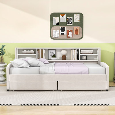 Twin Upholstered Daybed with Shelves and Drawers