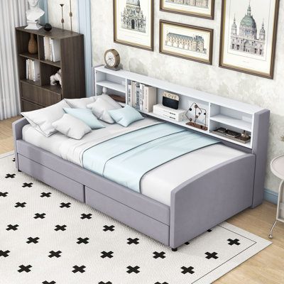 Twin Upholstered Daybed with Shelves and Drawers by Lark Manor
