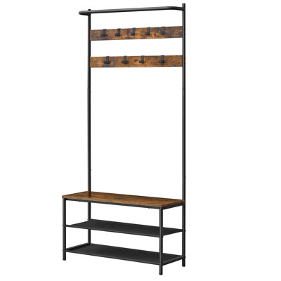 Hall Tree 33.1"W Wide With Bench And Shoe Storage, Entryway Bench With Coat Rack Stand, 9 Movable Hooks, Top Bar by 17 Stories