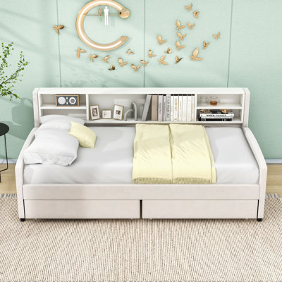 Twin Upholstered Daybed with Shelves and 2 Drawers by Lark Manor