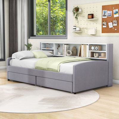 Twin Upholstered Daybed with Shelves and 2 Drawers by Lark Manor
