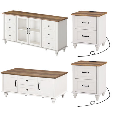 4 Piece Living Room Table Set - Includes Modern Coffee Table With Storage Cabinet, Glass Door TV Stand For 65 Inch TV, Set Of 2 Side End Tables With C by Alcott Hill