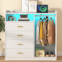 Wrought Studio™ White Dresser for Bedroom with Hanging Rack Dresser for Closet,4 Drawer Dresser with LED Lights & Charging Station, All Wooden Dresser by Wrought Studio