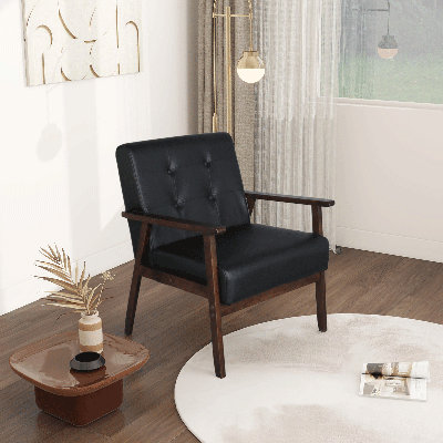 Mid-Century Retro Modern Accent Chair Wooden Arm Upholstered Tufted Back Lounge Chairs Seat Size 24.4" 18.3" (Deep) (Square Leg Black) by George Oliver