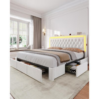 Beige Bed Frame With 5 Xl Storage Drawers