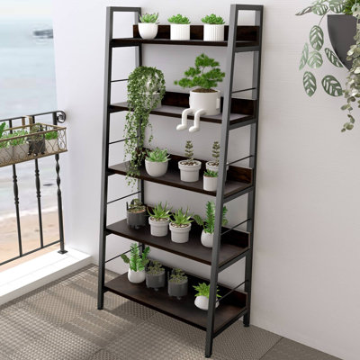 Industrial Ladder Shelf, Rustic 5 Tier Leaning Bookshelf, Wood Metal Ladder Bookcase, Plant Flower Stand Rack Book Storage Shelves For Living Room, Be by 17 Stories