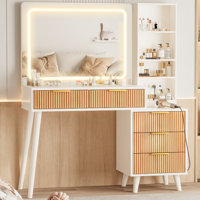 44" Vanity Desk with Mirror and Lights, Makeup Table with Fluted Storage Drawer, Cabinet, 3 LED Lights Modes, Power Outlet for Bedroom by George Oliver