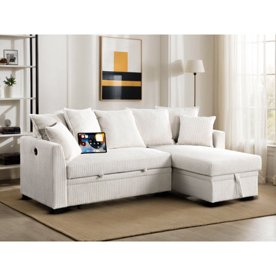 Shariff Corduroy Upholstered Sleeper Sectional Sofa Couch Pull Out Sofa Bed with Reversible Storage Chaise , USB Ports , 7 Pillows by Latitude Run