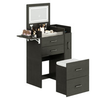 3 in 1 Vanity Desk with Plip Top Mirror and 3 Color LED Lighted, Small Vanity Desk with Power Outlet, Compact Makeup Vanity with 3 Drawers & Cabinet,