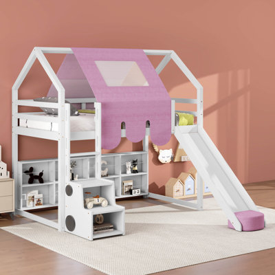 Twin Size Wooden Loft Bed House-Shaped Frame With A Tent, Wood Playhouse Bed Frame by Harper Orchard
