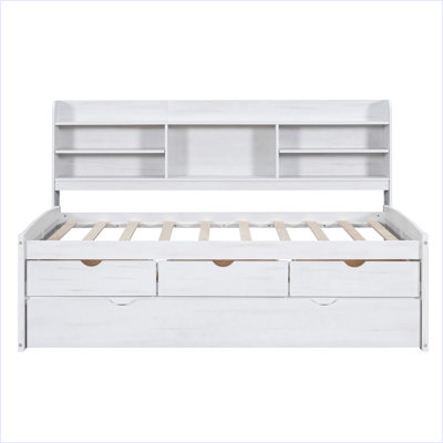 Wooden Captain Bed With Built-In Bookshelves,Three Storage Drawers And Trundle by Red Barrel Studio