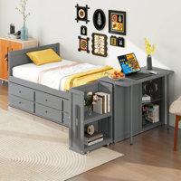 Twin Size Platform Bed With Desk, Storage Shelf, 3 Drawers, Multifunctional Wood Bedframe With Trundle