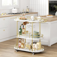 Gold Bar Cart With 3 Tiers, Wine Rack, And Glass Holder - Mobile Serving Cart For Kitchen, Living Room by Everly Quinn