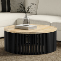 Demy 35"W Solid Wood and Metal Industrial Contemporary Round Coffee Table with Sculptural Base and Powder Coated Frame by Simpli Home