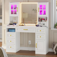 Vanity Desk With Touch Screen Mirror And Lights & Charging Station, Large Makeup Vanity With Rgb Light Cabinets, 6 Drawers, 5 Jewelry Hooks, Vanity Ta by Ivy Bronx