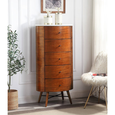 Stylish Walnut Finish Chest Of Five Drawers With Marble Top And Ball Bearing Glides, Ideal For Bedroom, Living Room Or Hallways by Corrigan Studio