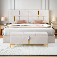 2-Pieces Bedroom Sets, Upholstered Platform Bed With Hydraulic Storage System,Storage Ottoman With Metal Legs,Beige by Mercer41
