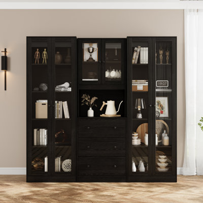 White Book Cabinet Storage Bookcase, 5-Tier Modern Bookshelves With 3 Large Drawer And Glass Door(A+2C)