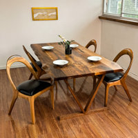 Junilla Live Edge Solid Walnut Dining Table – Handmade Farmhouse Kitchen Table with V-Shaped Wooden Legs by Loon Peak