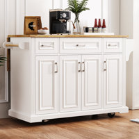 Fancy & Rustic Large Kitchen Island With Rubber Wood Drop Leaf - Embossed Texture Rolling Kitchen Cart With Ample Storage by Lark Manor