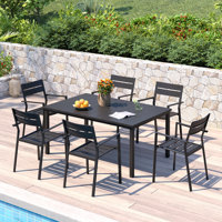 Rectangular Outdoor Dining Set wth 63" Metal Dining Table and 6 Armrest Dining Chairs