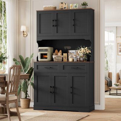 74" H Tall Wood Kitchen Pantry With Microwave Shelf And Drawers