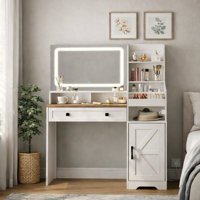 White Vanity Desk With Mirror And Lights, Farmhouse Vanity Makeup Desk With Charging Station, 41.5" Makeup Vanity Desk With Lighted Mirror, Power Outl