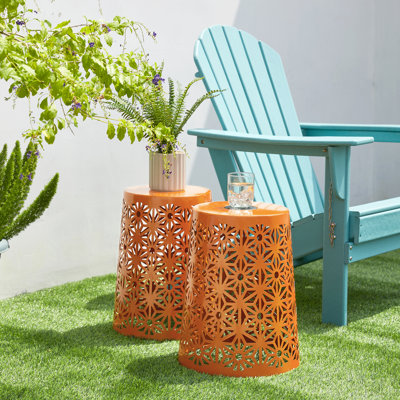 17.5"H S/2 Multi-Functional Iron Cutout Geometric Pattern Solar Powdered Garden Stool