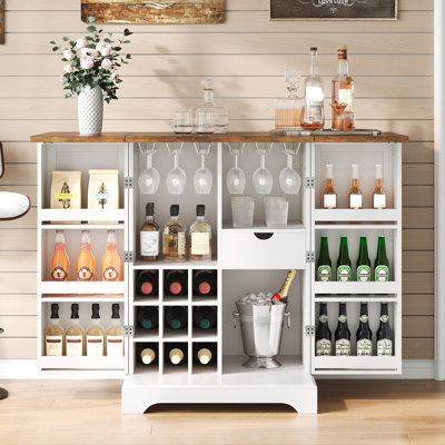 Farmhouse Expandable Wine Bar Cabinet, 61" Home Bar Unit With Foldable Tabletop & Barn Door by August Grove