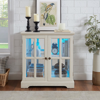 Retro Antique LED Curio Display Cabinet With Adjustable Shelves And Lattice Doors
