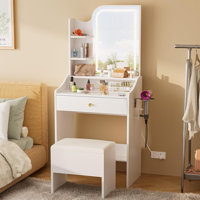 Vanity Table -LED Mirror, Makeup Vanity Desk Set - Charging Station, Storage Bench, Shelves Vanities by Ebern Designs