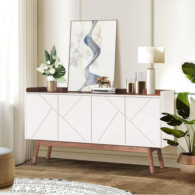 Sideboard Buffet Cabinet 55 Inch Modern Storage Cabinet With Pop-Up Doors Wooden Buffet Cabinet With Raised Edge Top Sideboard Cabinet For Entryway, L by George Oliver