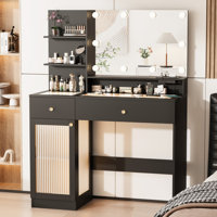 40" Modern Makeup Vanity Desk with LED Mirror, Glass Top, Storage Drawer & Glass Cabinet, 3 Light Modes, Power Outlet - Perfect for Bedroom by Ebern Designs