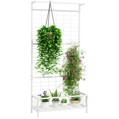 Tall Plant Stand with Trellis and Hanging Bar, Metal Plant Holder Flower Stand for Vine Climbing Plants Flowers Indoor Outdoor Use, 36" x 12.8" x 74" by Primrue