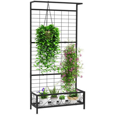Tall Plant Stand with Trellis and Hanging Bar, Metal Plant Holder Flower Stand for Vine Climbing Plants Flowers Indoor Outdoor Use, 36" x 12.8" x 74" by Primrue