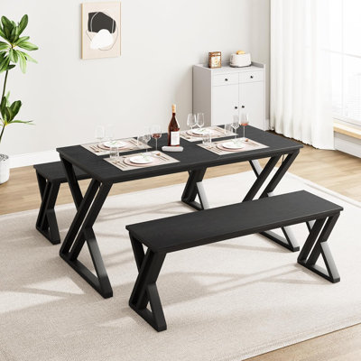 Dining Table Bench Set For 4, Kitchen Table Set With 2 Benches, Rectangular Dining Room Table Set With Sturdy Metal Frame, Saving Space For Kitchen, D by 17 Stories