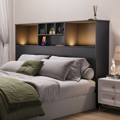 Modern Wooden Bookcase Headboard with Adjustable LED Lights and Charging Station – Available in Queen & King Sizes
