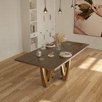 78 inch Wood Dining Table With Polished Gold Base by Everly Quinn