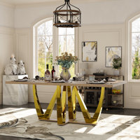 78 inch Wood Dining Table With Polished Gold Base by Everly Quinn