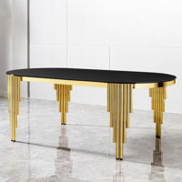 Mollyanne  Glass Top Oval Dining Table With Gold Stainless Steel Base For 8 Seats by Everly Quinn
