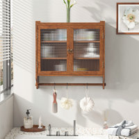 Vintage Fluted Glass Wall Cabinet with 3-Tier Storage & Towel Rack – Rustic Brown Double-Door Organizer for Bathroom, Kitchen, or Dining Room