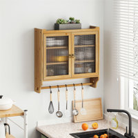 Vintage Fluted Glass Wall Cabinet with 3-Tier Storage & Towel Rack – Rustic Brown Double-Door Organizer for Bathroom, Kitchen, or Dining Room by Winston Porter