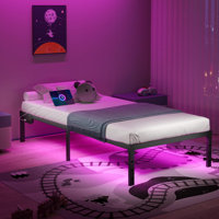 14 Inch Platform Bed Frame With Led Lights Charging Station Black Metal Mattress Foundation No Box Spring Needed Large Storage Space Anti-Noise