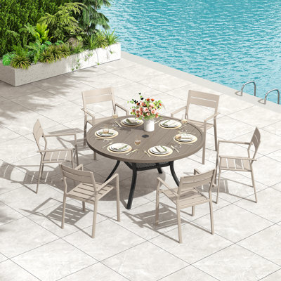 Round Patio Dining Set with 48" Round Metal Dining Table and 6 Metal Armrest Dining Chairs
